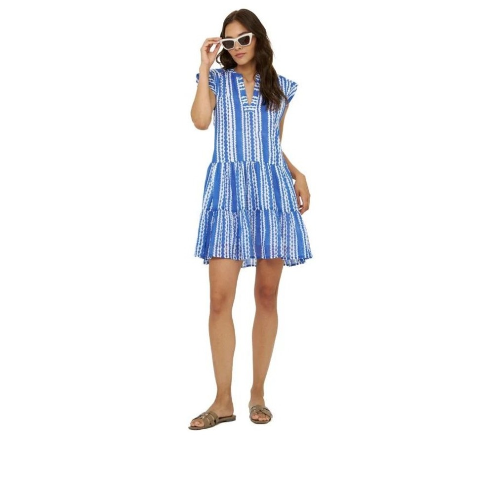 Oliphant Blue White Wavy Stripe Roll Sleeve Tiered Mini Dress Cotton Size XS